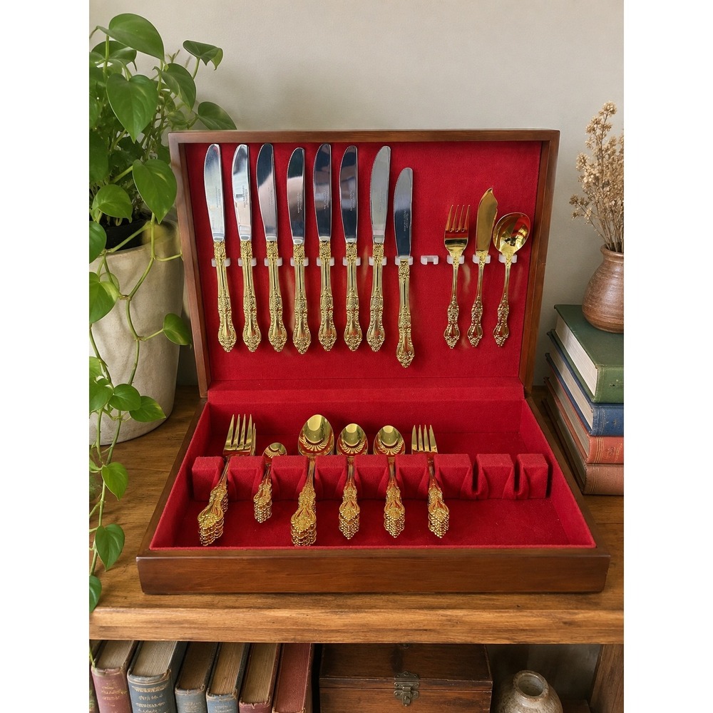 Vintage Northcraft 63 Pc Gold Plated Stainless Steel Flatware Wood Case Japan